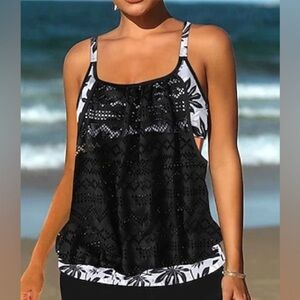 Tankini Size XL, Tropical Black and White Palm Tree, Mesh Front, Flattering Fit
